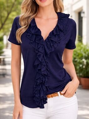 Ralph Lauren Black Label Navy Ruffle Blouse Cotton Top Medium